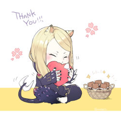 Rule 34 | 1boy, animal ears, basket, biting, black nails, blonde hair, blush, bow, candy, chibi, chibi only, chocolate, chocolate bar, closed eyes, fang, fate/grand order, fate (series), food, gift, holding, holding gift, honey-cat, indian style, male focus, nail polish, sitting, skin fang, solo, sparkle, tail, tezcatlipoca (fate), thank you, tiger ears, toenail polish, toenails, white bow