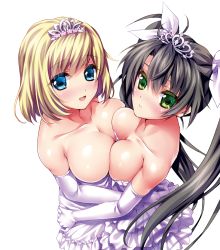 Rule 34 | 2girls, :d, bad id, bad pixiv id, bare shoulders, black hair, blonde hair, blue eyes, blush, breast press, breasts, cleavage, collarbone, crown, dress, elbow gloves, female focus, from above, gloves, green eyes, hair between eyes, hair ribbon, happy, hug, jewelry, kinosaki yuki, large breasts, long hair, looking at viewer, looking up, multiple girls, open mouth, ribbon, shiny skin, short hair, simple background, smile, sparkle, standing, strapless, strapless dress, symmetrical docking, tiara, twintails, wedding dress, white background, white dress, white gloves, wife and wife, yuri