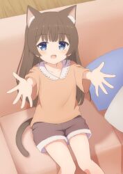 Rule 34 | 1girl, absurdres, animal ears, bad id, bad pixiv id, blue eyes, blush, brown hair, cat ears, cat girl, cat tail, couch, fang, highres, indie virtual youtuber, itigori ena, long hair, looking at viewer, mole, mole under eye, on couch, open mouth, pillow, reaching, reaching towards viewer, short sleeves, shorts, sitting, smile, solo, tail, tyomimas, virtual youtuber