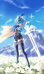 Rule 34 | 1girl, absurdres, arms up, blue cape, blue gloves, blue hair, blue hairband, blue necktie, blue sky, boots, breasts, cape, chest harness, closed mouth, day, eula (genshin impact), field, flower, flower field, full body, genshin impact, gloves, greatsword, hair between eyes, hairband, hands up, harness, high-waist shorts, highres, holding, holding sword, holding weapon, long sleeves, looking down, medium breasts, medium hair, mountain, necktie, on ground, purple pupils, ryoha kosako, shorts, sidelocks, sky, solo, standing, sword, thigh boots, weapon, weapon on back, white sleeves, wide sleeves, yellow eyes