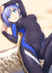 Rule 34 | absurdres, aoi (blue archive), beach, black bodysuit, black wetsuit, blue archive, blue eyes, blue hair, blue halo, bodysuit, breasts, covered navel, diving suit, ear piercing, halo, highres, imizu futoshi, looking at viewer, lying, medium breasts, on back, open mouth, piercing, pointy ears, short hair, skin tight, two-tone bodysuit, wetsuit