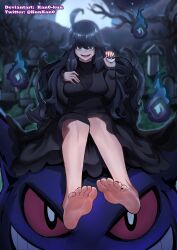Rule 34 | 1girl, absurdres, artist name, barefoot, black dress, black nails, blurry, blurry background, breasts, commentary, creatures (company), dress, english commentary, eyelashes, feet, foot focus, full body, full moon, game freak, gen 1 pokemon, gengar, hands up, hex maniac (pokemon), highres, holding, holding poke ball, impossible clothes, kan0-kun, large breasts, legs, long hair, long sleeves, looking at viewer, moon, nail polish, nintendo, open mouth, outdoors, poke ball, pokemon, pokemon xy, purple eyes, sitting, soles, star (sky), toenail polish, toenails, toes, twitter username, very long hair, wavy mouth