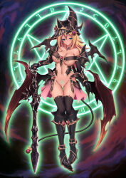 Rule 34 | 1girl, absurdres, akina t, armor, bar censor, bare shoulders, blonde hair, blue eyes, blush, breasts, censored, center opening, cleavage, closed mouth, commission, dark magician girl, dark magician girl the dragon knight, demon wings, detached sleeves, duel monster, full body, gauntlets, gluteal fold, hair between eyes, helmet, high heels, highres, holding, holding sword, holding weapon, knight, large breasts, long hair, magic circle, navel, pentagram, pubic tattoo, skeb commission, solo, stomach, sword, tail, tattoo, thighhighs, thighs, underboob, weapon, wings, yu-gi-oh!