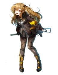 Rule 34 | 1girl, boba, boots, brown hair, cross-laced footwear, full body, girls&#039; frontline, gun, h&amp;k ump, hair ornament, hairclip, heckler &amp; koch, hood, hooded jacket, jacket, knee pads, lace-up boots, long hair, looking at viewer, pantyhose, red eyes, simple background, smile, solo, submachine gun, twintails, ump9 (girls&#039; frontline), weapon