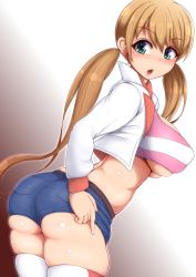 Rule 34 | 1girl, :o, aqua eyes, ass, belt, blonde hair, blush, breasts, brown hair, collarbone, covered erect nipples, denim, denim shorts, earrings, from behind, green eyes, gundam, gundam tekketsu no orphans, heart, heart earrings, highres, huge ass, jacket, jewelry, lafter frankland, large breasts, leaning, leaning forward, long hair, looking at viewer, looking back, low twintails, open mouth, parted lips, ponponmaru, raised eyebrows, shiny skin, short shorts, shorts, sideboob, skindentation, smile, solo, striped clothes, striped thighhighs, thick thighs, thighhighs, thighs, twintails, underboob, very long hair, white background, white thighhighs
