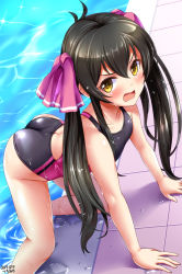 Rule 34 | 1girl, all fours, alternate costume, artist name, ass, back, black one-piece swimsuit, chair, collarbone, competition swimsuit, covered navel, dated, day, flat chest, from above, hair between eyes, hair ribbon, highleg, highleg swimsuit, highres, idolmaster, idolmaster cinderella girls, looking at viewer, looking up, lounge chair, matoba risa, one-piece swimsuit, outdoors, pink ribbon, pink one-piece swimsuit, pool, ribbon, skindentation, solo, swimsuit, tsuchimiya, twintails, wet, wet clothes, wet swimsuit, yellow eyes
