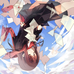 Rule 34 | 1girl, black serafuku, brown hair, clenched teeth, cloud, crossed arms, crying, day, closed eyes, hair ornament, hairclip, kagerou project, letter, love letter, na2co3, origami, paper, paper crane, red scarf, ruler, scarf, school uniform, serafuku, sky, solo, tateyama ayano, teeth, upside-down