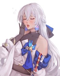 Rule 34 | 1girl, bare shoulders, black gloves, bronya zaychik, closed eyes, commentary, detached sleeves, dress, earrings, gloves, grey hair, hand up, highres, honkai: star rail, honkai (series), jewelry, long hair, long sleeves, open mouth, simple background, solo, upper body, very long hair, wernope, white background, white dress