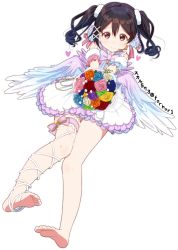 Rule 34 | 1girl, barefoot, black hair, blush, bouquet, bridal garter, closed mouth, feet, flower, full body, hair ornament, holding, holding bouquet, looking at viewer, love live!, love live! school idol festival, love live! school idol project, red eyes, short hair, short twintails, simple background, skull573, sleeveless, smile, soles, solo, toes, twintails, white background, wings, x hair ornament, yazawa nico