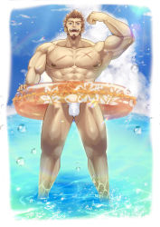 Rule 34 | 1boy, :d, abs, absurdres, alternate costume, alternate pectoral size, bara, bare pectorals, beach, biceps, blue eyes, brown hair, bulge, cross scar, day, facial hair, fate/grand order, fate (series), feet out of frame, flexing, fundoshi, gatta (gatta reve cat), goatee, highres, innertube, japanese clothes, large pectorals, long sideburns, looking at viewer, male focus, male swimwear, mature male, muscular, muscular male, napoleon bonaparte (fate), nipples, open mouth, pectorals, scar, scar on chest, short hair, sideburns, smile, solo, stomach, summer, swim ring, thick thighs, thighs, water, white male swimwear