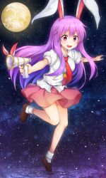 Rule 34 | 1girl, :d, animal ears, blouse, blush, bobby socks, collared shirt, full body, full moon, gun, hair between eyes, highres, holding, holding gun, holding weapon, kaoling, light purple hair, loafers, long hair, looking at viewer, lunatic gun, moon, necktie, open mouth, pink skirt, puffy short sleeves, puffy sleeves, rabbit ears, red eyes, red necktie, reisen udongein inaba, shirt, shoes, short sleeves, skirt, sky, smile, socks, solo, star (sky), starry sky, touhou, very long hair, weapon, white shirt