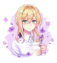 Rule 34 | 10s, 1girl, black ribbon, blonde hair, blue eyes, blush, closed mouth, collared shirt, flower, hair ribbon, holding, holding flower, looking at viewer, medium hair, ribbon, seungju lee, shirt, smile, solo, upper body, violet evergarden, violet evergarden (series)