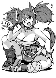 Rule 34 | 1girl, :d, absurdres, animal ears, asymmetrical legwear, bare shoulders, breasts, chest sarashi, fang, fox mask, fox shadow puppet, full body, geta, greyscale, hair between eyes, highres, horse ears, horse girl, horse tail, inari one (umamusume), large breasts, long hair, looking at viewer, mask, mask on head, mismatched legwear, monochrome, open mouth, sarashi, sbql (niaunclefan), simple background, sitting, smile, solo, tail, twintails, umamusume, white background