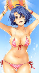 Rule 34 | 10s, 1girl, antenna hair, arms up, bad id, bad pixiv id, ball, beachball, bikini, blue hair, bracelet, breasts, brown eyes, collarbone, commentary request, cowboy shot, day, dripping, front-tie top, hair between eyes, highres, idolmaster, idolmaster million live!, jewelry, large breasts, looking at viewer, navel, open mouth, outdoors, pink bikini, polka dot, polka dot bikini, revision, short hair, side-tie bikini bottom, solo, standing, stomach, swimsuit, toyokawa fuka, water, wavy hair, wet, yamada naoko (hideko1227)