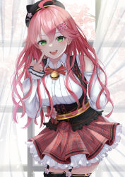 Rule 34 | 1girl, absurdres, ahoge, bell, blush, bow, bowtie, breasts, dress, green eyes, hair between eyes, hair ornament, hairclip, highres, hololive, large breasts, long hair, looking at viewer, mira bluesky3, off shoulder, open mouth, plaid, plaid dress, sakura miko, sakura miko (casual), skirt, smile, solo, thighhighs, virtual youtuber