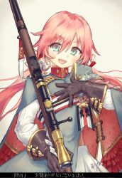 Rule 34 | 1girl, aqua eyes, arigatoner, blush, bolt action, bow, brown gloves, carcano, carcano m1891 (girls&#039; frontline), eyebrows hidden by hair, girls&#039; frontline, gloves, gun, hair bow, hand on own chest, highres, holding, holding gun, holding weapon, long hair, military uniform, open mouth, pink hair, rifle, scope, smile, sniper rifle, solo, straight hair, translation request, uniform, upper body, weapon, white background
