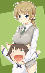 Rule 34 | 2girls, :d, ahoge, animal ears, blue eyes, braid, breast rest, breasts, breasts on head, brown hair, chibi, large breasts, long hair, lynette bishop, miyafuji yoshika, motsuman, multiple girls, necktie, o o, open mouth, single braid, smile, strike witches, sweater vest, thighhighs, world witches series
