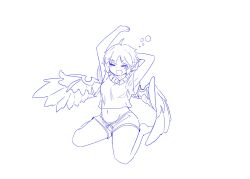 Rule 34 | 1girl, ahoge, animal ears, arms up, barefoot, bird ears, bird wings, blush, closed eyes, full body, groin, highres, lineart, mystia lorelei, navel, open mouth, shirt, short hair, short sleeves, shorts, simple background, sketch, solo, squeans, stretching, tatutaniyuuto, tears, touhou, unfinished, white background, wings, yawning