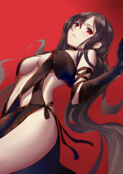 Rule 34 | 1girl, black dress, black gloves, blush, breasts, brown hair, center opening, choker, dress, dutch angle, ear piercing, elbow gloves, fate/grand order, fate (series), floating hair, from below, gloves, hair between eyes, large breasts, long hair, looking at viewer, navel, piercing, red background, red eyes, revealing clothes, sakanasoko, simple background, solo, strapless, strapless dress, yu mei-ren (fate)