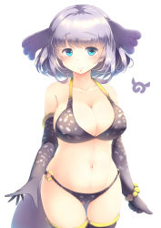 Rule 34 | 10s, 1girl, absurdres, animal ears, animal print, bikini, blue eyes, breasts, cleavage, collarbone, commentary request, elbow gloves, gloves, grey hair, highres, japari symbol, kanzakietc, kemono friends, large breasts, looking at viewer, medium hair, navel, o-ring, o-ring bikini, seal tail, simple background, smile, solo, steller&#039;s sea cow (kemono friends), swimsuit, tail, thigh gap, thighhighs, white background