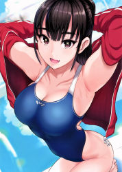 Rule 34 | 1girl, :d, absurdres, armpits, arms up, black hair, blue one-piece swimsuit, blurry, blurry background, breasts, brown eyes, cleavage, competition swimsuit, depth of field, dutch angle, fang, foreshortening, highleg, highleg swimsuit, highres, jacket, large breasts, lips, long hair, looking at viewer, miyamoto issa, one-piece swimsuit, open clothes, open jacket, open mouth, ponytail, scan, seiza, sidelocks, sitting, smile, solo, sweat, swimsuit, symbol-shaped pupils, toranoana