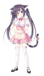 Rule 34 | 1girl, absurdres, amairo chocolata, animal ear fluff, animal ears, apron, bell, black footwear, black hair, blue eyes, blush, cat ears, cat girl, cat tail, dress, full body, highres, korie riko, long hair, looking at viewer, maiba nana, maid, maid headdress, non-web source, official art, photoshop (medium), pink apron, short dress, short sleeves, simple background, solo, standing, tail, tail bell, tail ornament, thighhighs, twintails, very long hair, white background, white thighhighs, zettai ryouiki