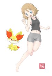 Rule 34 | 1girl, absurdres, alternate costume, animal ears, animal hands, bare shoulders, bike shorts, black shirt, blonde hair, blue eyes, blush, breasts, cameltoe, collarbone, creatures (company), feet, female focus, fennekin, fox ears, fox tail, full body, game freak, gen 6 pokemon, hands up, happy, head tilt, highres, looking at viewer, looking up, navel, nintendo, open mouth, pokemon, pokemon (anime), pokemon (creature), pokemon xy (anime), red eyes, serena (pokemon), shirt, short hair, short shorts, shorts, sleeveless, sleeveless shirt, small breasts, smile, stomach, tail, tank top, tax2rin, text focus, translation request, white background