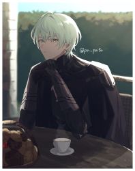 Rule 34 | 1boy, armor, bad id, bad twitter id, black gloves, byleth (fire emblem), byleth (male) (fire emblem), cape, closed mouth, commission, cookie, cup, elbow rest, fire emblem, fire emblem: three houses, food, gloves, green eyes, green hair, highres, looking at viewer, male focus, nintendo, outdoors, poi poifu, skeb commission, solo, steam, table, twitter username