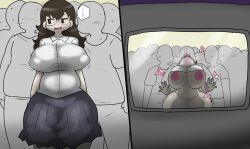 Rule 34 | 1girl, 6+boys, against glass, ahegao, ass, bald, breast press, breasts, breasts on glass, breasts out, brown hair, chikan, clothes, clothes lift, colored skin, covered erect nipples, embarrassed, enigi09, glasses, grey skin, highres, huge ass, huge breasts, long hair, looking at viewer, multiple boys, nipples, on vehicle, open mouth, public indecency, school uniform, sex, sex from behind, shirt lift, speech bubble, standing, standing sex, sweat, tongue, tongue out, train, train interior