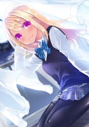 Rule 34 | 1girl, absurdres, amane lily, arm behind head, arm up, azuma sawayoshi, black vest, blonde hair, blue bow, blue bowtie, bow, bowtie, curtains, highres, light particles, lips, long hair, long sleeves, looking at viewer, official art, on floor, oroka na tenshi wa akuma to odoru, red eyes, shirt, sitting, smile, solo, tearing up, vest, wariza, white shirt, wind, window