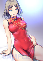 Rule 34 | 1girl, bare arms, bob cut, breasts, china dress, chinese clothes, covered navel, dress, green eyes, grey hair, highres, large breasts, looking at viewer, medium hair, original, parted lips, red dress, saigado, short dress, signature, sitting, smile, solo, watermark