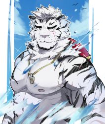 Rule 34 | 1boy, abs, alternate costume, animal ears, arknights, bad id, bad twitter id, bara, bare pectorals, furry, furry male, highres, large pectorals, lifeguard, male focus, mountain (arknights), muscular, muscular male, nipples, pectorals, sak (sakarov ), scar, scar across eye, scar on chest, scar on face, short hair, smile, solo, stomach, tiger boy, tiger ears, upper body, water, whistle, whistle around neck, white fur, white hair