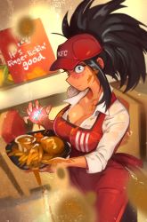 Rule 34 | 1girl, absurdres, apron, black hair, blush, boku no hero academia, bra, breasts, dirty, dirty clothes, dirty face, employee uniform, fast food, fast food uniform, food, food on body, food on face, hat, highres, khyle., large breasts, looking at viewer, messy, red apron, spill, underwear, uniform, yaoyorozu momo