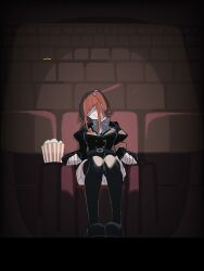 Rule 34 | 1girl, armband, belt, black jacket, black thighhighs, blunt bangs, bow, breasts, buttons, closed eyes, double-breasted, food, hair bobbles, hair ornament, highres, jacket, large breasts, long hair, long sleeves, movie theater, pleated skirt, popcorn, puffy long sleeves, puffy sleeves, red hair, sidelocks, sitting, skirt, sleeping, solo, theater, thighhighs, tukijirou960, two side up, umineko no naku koro ni, ushiromiya ange, white skirt