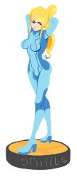 Rule 34 | 3drod!, amiibo, angry, arms behind back, arms up, blonde hair, bodysuit, breasts, full body, high heels, long hair, metroid, mole, mole under mouth, nintendo, ponytail, samus aran, white background, zero suit