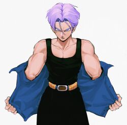 Rule 34 | 1boy, absurdres, belt, belt buckle, black pants, black tank top, blue eyes, blue jacket, bright pupils, buckle, collarbone, cowboy shot, curtained hair, dragon ball, dragonball z, hair intakes, highres, jacket, male focus, muscular, muscular male, open clothes, open jacket, pants, parted bangs, pectoral cleavage, pectorals, purple hair, removing jacket, shirt, short hair, signature, simple background, sleeveless, sleeveless shirt, solo, tank top, trunks (dragon ball), trunks (future) (dragon ball), v-shaped eyebrows, vamos mk, white background, white pupils, yellow belt