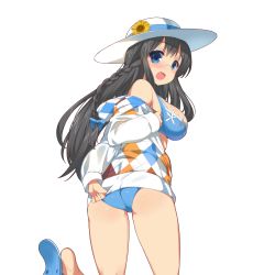 Rule 34 | 1girl, :o, argyle, arm behind back, ass, bare shoulders, bikini, bikini under clothes, black hair, blue bikini, blue bow, blue eyes, blush, bow, braid, breasts, colored eyelashes, covering ass, covering privates, embarrassed, feet, flower, from behind, glasses, hair bow, hat, hat flower, highres, hood, hood down, hooded jacket, jacket, kneepits, kusaka souji, large breasts, leg lift, legs apart, long hair, long sleeves, looking at viewer, looking back, nail polish, off shoulder, official art, open clothes, open jacket, open mouth, parted bangs, pink nails, pocket, rimless eyewear, roomy powan, sandals, shoe dangle, side braid, sideboob, sidelocks, soles, solo, standing, standing on one leg, straight hair, sun hat, sunflower, surprised, swimsuit, thighs, transparent background, trefoil, twin braids, twisted torso, uchi no hime-sama ga ichiban kawaii, white hat, white jacket, yellow flower