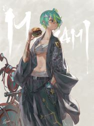 Rule 34 | 1girl, :t, absurdres, ahoge, aqua hair, arm tattoo, baggy pants, bandages, bandaid, bandaid on face, bandaid on nose, barbell piercing, belt, black kimono, black pants, borrowed character, breasts, burger, earrings, eating, female focus, food, green eyes, green hair, hair ornament, hair over one eye, hand in pocket, highres, holding, holding food, japanese clothes, jewelry, jung wonjo, kimono, medium breasts, motor vehicle, motorcycle, multicolored hair, navel, original, pants, piercing, print kimono, print pants, sarashi, short hair, signature, skinny, solo, tattoo, turning head, underboob