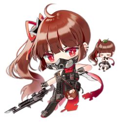 Rule 34 | ahoge, artist request, bayonet, black dress, black footwear, black gloves, black mask, black vest, blush, blush stickers, boots, brown hair, brown pantyhose, chibi, closed eyes, combo fairy (girls&#039; frontline), dress, ear piercing, fairy (girls&#039; frontline), fingerless gloves, full body, gas mask, girls&#039; frontline, gloves, gun, hair ribbon, holding, holding gun, holding knife, holding weapon, knee pads, knife, leaf, leaf on head, long hair, looking at viewer, mask, mouth mask, multiple girls, ninja, official art, one side up, own hands together, pantyhose, piercing, pouch, red eyes, red ribbon, red scarf, ribbon, scarf, shuriken hair ornament, simple background, thigh boots, third-party source, torn clothes, torn pantyhose, torn scarf, transparent background, very long hair, vest, weapon, weapon request