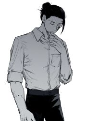 Rule 34 | 1boy, belt, black hair, blood, blood on clothes, blood on face, blood on hands, closed eyes, earrings, getou suguru, greyscale, hand on own face, highres, jewelry, jujutsu kaisen, looking down, male focus, monochrome, nino (nino84391425), shirt, solo, standing, white shirt