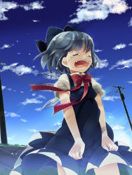 Rule 34 | 1girl, bad id, bad pixiv id, blue dress, blue hair, blue sky, bow, cirno, cloud, crying, day, dress, closed eyes, hair bow, highres, maki (natoriumu), open mouth, power lines, runny nose, shirt, short hair, sky, snot, solo, tears, touhou, wind, wings