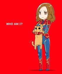 Rule 34 | 1girl, :|, animal, animification, bodysuit, brown eyes, brown hair, captain marvel, carol danvers, cat, chibi, closed mouth, english text, expressionless, forehead, full body, goose (marvel), holding, holding animal, holding cat, looking at viewer, marvel, red background, simple background, superhero costume, tail, tail wagging, yamanami kousuke