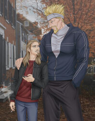 Rule 34 | 2boys, absurdres, asgeir, blonde hair, casual, eye contact, facial hair, goatee, hand on another&#039;s shoulder, haneen (7anenoh), headband, height difference, highres, hood, hoodie, jacket, leather, leather jacket, light smile, looking at another, male focus, mature male, multiple boys, muscular, muscular male, mustache, open clothes, open jacket, pectorals, photo background, short hair, spiked hair, standing, thorkell, vinland saga, wrinkled skin