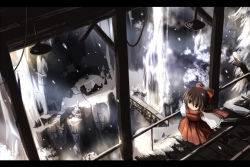 Rule 34 | 1girl, black eyes, bow, bridge, brown hair, cliff, derelict, female focus, from above, hair bow, hakurei reimu, house, japanese clothes, letterboxed, long hair, looking to the side, mashayuki, miko, perfect cherry blossom, pleated skirt, railroad tracks, red bow, ribbon-trimmed sleeves, ribbon trim, ruins, scarf, scenery, skirt, snow, snowing, solo, standing, touhou, tree, water, waterfall, white sleeves, wide sleeves, wooden beam, wooden floor