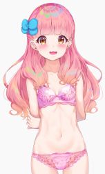 Rule 34 | 1girl, :3, :d, aikatsu! (series), aikatsu friends!, arms behind back, bare shoulders, blue bow, blush, bow, bra, breasts, brown eyes, brown hair, collarbone, commentary request, cowboy shot, gradient hair, grey background, hair bow, highres, k mugura, long hair, multicolored hair, navel, open mouth, panties, pink bra, pink hair, pink panties, see-through, simple background, small breasts, smile, solo, underwear, underwear only, yuki aine