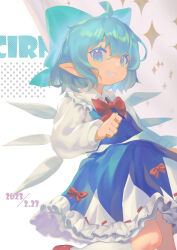 Rule 34 | 1girl, absurdres, ahoge, blue bow, blue dress, blue eyes, blue hair, bow, cirno, collared shirt, dated, detached wings, dress, fairy, grin, hair between eyes, hair bow, highres, hxj (2324184595), ice, ice wings, long sleeves, red footwear, shirt, shoes, short hair, smile, socks, solo, touhou, white shirt, white socks, wings