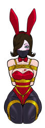 Rule 34 | 1girl, animal ears, arms behind back, bdsm, blush, bondage, borderlands, borderlands (series), borderlands 2, bound, bound arms, bound legs, bow, bowtie, box tie, breast bondage, breast tattoo, breasts, brown eyes, brown hair, cleavage, collarbone, detached collar, fake animal ears, gag, gagged, hair over one eye, heart, heart tattoo, highres, improvised gag, kneeling, leotard, looking at viewer, mad moxxi, makeup, playboy bunny, rabbit ears, red leotard, rope, tattoo, wossarem
