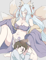 Rule 34 | 10s, 1boy, 1girl, animal ears, blue hair, breasts, brown hair, cleavage, closed eyes, faceless, faceless male, fox ears, fox tail, grey background, kitsune, kyuubi, large breasts, long hair, monster girl, monster musume no iru nichijou, monster musume no iru nichijou online, multiple tails, nail polish, navel, short hair, simple background, smile, tail, whiskers, youko (monster musume), z umeshi