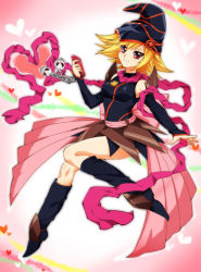 Rule 34 | 1girl, bad id, bad pixiv id, bare shoulders, black footwear, blonde hair, blush, boots, breasts, cellphone, chiyo (no3baki), detached sleeves, duel monster, full body, gagaga girl, hat, heart, heart background, looking at viewer, phone, red eyes, short hair, skull, smile, solo, spiked hair, wizard hat, yu-gi-oh!, yu-gi-oh! zexal, yuu-gi-ou, yuu-gi-ou zexal