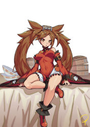 Rule 34 | 1girl, absurdly long hair, bare shoulders, boots, breasts, brown eyes, brown hair, china dress, chinese clothes, detached sleeves, dress, forehead, full body, guilty gear, hair ornament, hairclip, highres, kuradoberi jam, large breasts, long hair, matching hair/eyes, skirt, solo, very long hair, wide sleeves, yoo (1009980455)